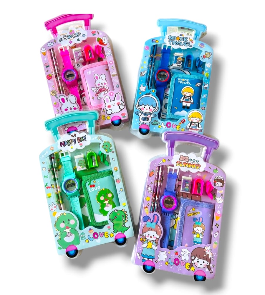 Stationery Set for Girls and Boys - 6-in-1 Cartoon School Items - Pencils, Eraser, Sharpener, Watch, Pouch & Pencil Extender Grip (Multicolor)